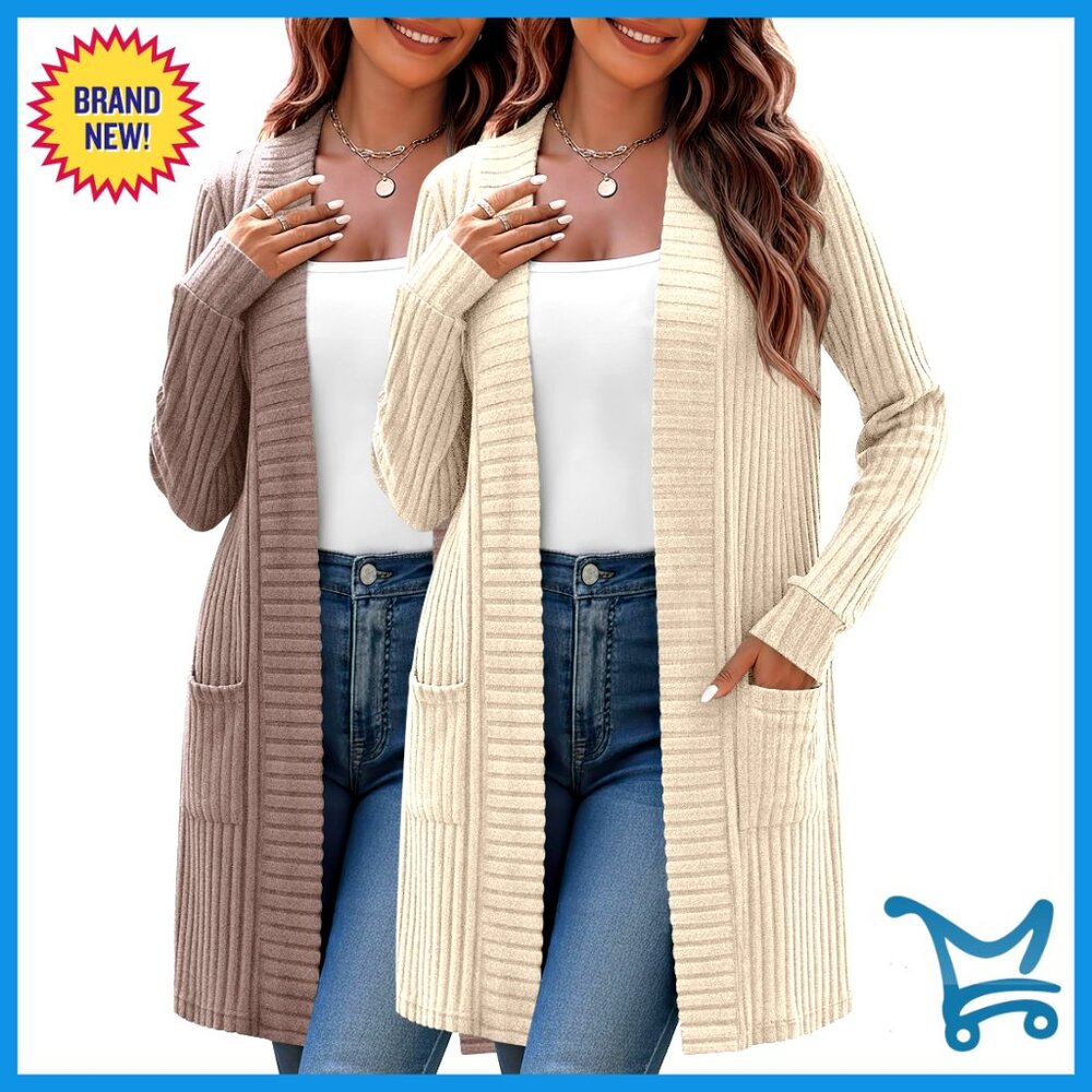 Plus Size Cardigan 2 Pack Long Sleeve Open Front Sweaters with Pockets